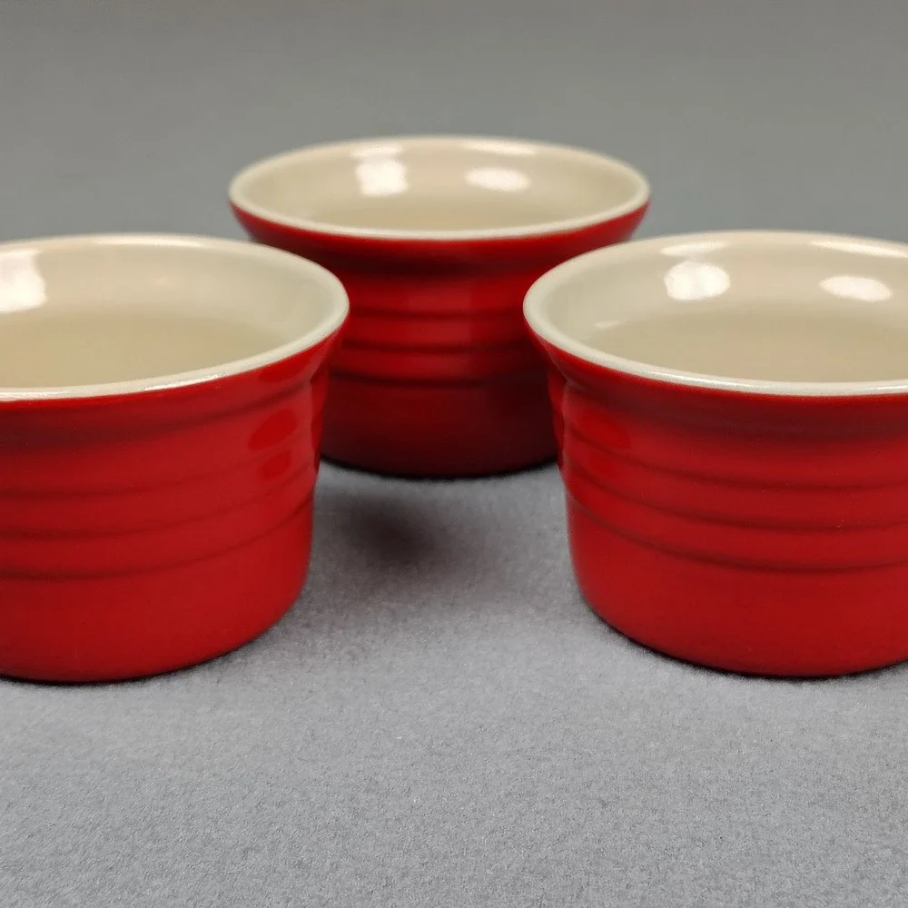 Le Creuset Ramekin Set (3) Cherry Red Stoneware Stackable Ribbed 12-24 Excellent